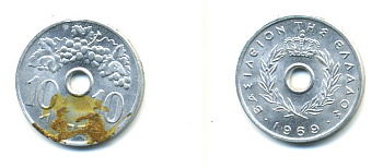 Греция 10 лепта 1969 Константин II (1964-1973), виноградная гроздь KM 78 алюминий 80-252