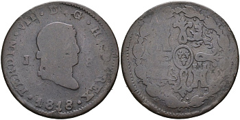 Испания 8 мараведи 1818 Фердинанд VII (1808-1833), второй портрет KM 491 (С111) медь 4572-532