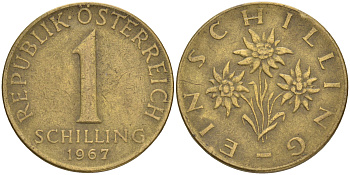 Австрия 1 шиллинг 1967 KM 2886 алюминиевая бронза 4556-315