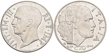 ИТАЛИЯ 20 ЧЕНТЕЗИМО 1941 R, ГОД XIX, ВИКТОР ЭММАНУИЛ III (1900-1946) KM 75b, VEM3. 1028 нержавеющая сталь 3853-1046