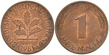 ФРГ 1 пфенниг 1981 J KM 105, J. 380 сталь плакированная медью    4598-619