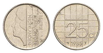 Нидерланды 25 центов 1985 Беатрикс (1980-2013) KM 204 никель 206-644