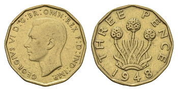 Великобритания 3 пенса 1948 Георг VI (1936-1952) KM 849, Spink 4112 никель латунь 4121-523