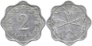 МАЛЬТА 2 МИЛСА 1972 МАЛЬТИЙСКИЙ КРЕСТ KM 5 алюминий 112-764