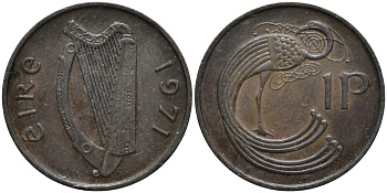 Ирландия 1 пенни 1971 птица KM 20 бронза 4164-461