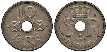 ДАНИЯ 10 ЭРЕ 1929 N; GJ, КРИСТИАН X (1912-1947) KM 822.2 медно-никель 4549-863