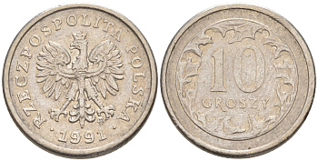 ПОЛЬША 10 ГРОШЕЙ 1991 MW KM 279 медно-никель 187-921
