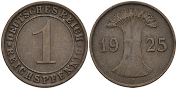 Германия 1 рейхспфенниг 1925 J KM 37, J. 313 бронза 4516-562