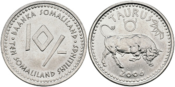 Сомалиленд 10 шиллингов 2006 СЕРИЯ ЗНАКИ ЗОДИАКА, ТЕЛЕЦ KM NEW никелированная сталь UNC 540-843