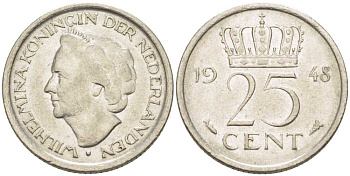НИДЕРЛАНДЫ 25 ЦЕНТОВ 1948 ВИЛЬГЕЛЬМИНА (1890-1948) KM 177 никель 211-627