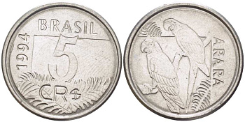 БРАЗИЛИЯ 5 КРУЗЕЙРО РЕАЛ 1994 РЕФОРМА 1993-1994, ПОПУГАИ АРА KM 627 нержавеющая сталь 4388-253