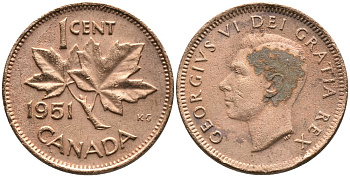 Канада 1 цент 1951 Георг VI (1937-1952), кленовый лист KM 41 бронза 4528-669