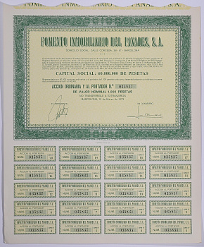 Испания акция на 1000 песет 1973 Fomento Inmobiliario del Panades, S.A., Барселона 1973, с купонами бумага 5548-29-1-2
