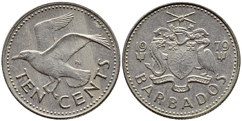 Барбадос 10 центов 1979 смеющаяся (Ацтекская) чайка KM 12 медно-никель 4396-1218