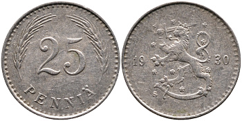 ФИНЛЯНДИЯ 25 ПЕННИ 1930 S KM 25 медно-никель 4387-455