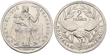 Французская Новая Каледония 2 франка 1991 птица кагу, (IEOM) KM 14, Schoen 11, Lec 67 алюминий    23-734