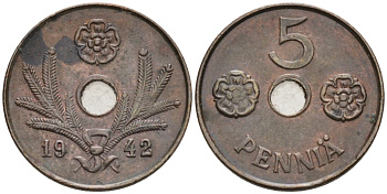 ФИНЛЯНДИЯ 5 ПЕННИ 1942 KM 64.1 медь 192-1063