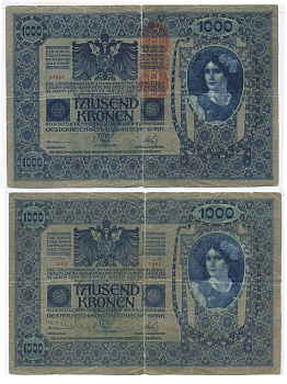 АВСТРИЯ 1000 КРОН 1919 КРАСНАЯ ВЕРТИКАЛЬНАЯ НАДПЕЧАТКА НА 1902 Pick 59 бумага 8595-14-1