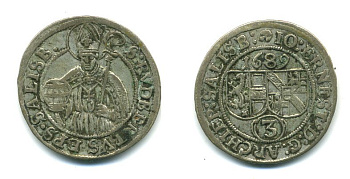 АВСТРИЯ, ЗАЛЬЦБУРГ 3 КРЕЙЦЕРА 1689 KM 249 серебро 54-969