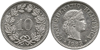 ШВЕЙЦАРИЯ 10 РАППЕНОВ 1983 KM 27 медно-никель 4539-525