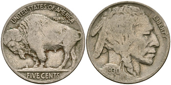 США 5 центов 1930 индеец, бизон KM 134 медно-никель 4523-1142