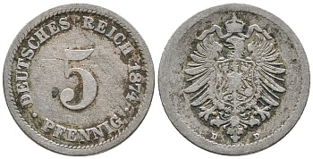 ГЕРМАНИЯ 5 ПФЕННИГОВ 1874 D, СТАРОГЕРБОВКА KM 3, J. 3 медно-никель 39-317