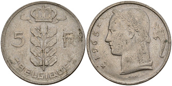 Бельгия 5 франков 1965 Belgique, Бодуэн I (1951-1993) KM 134 медно-никель 4156-651