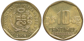 Перу 10 сентимо 2008 KM 305.4 латунь aUNC 4605-544