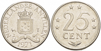 Нидерландские Антилы 25 центов 1971 Юлиана (1948-1980) KM 11 никель 3309-624