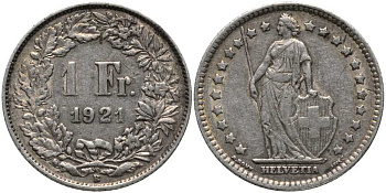 Швейцария 1 франк 1921 B КМ 24 серебро 202-546