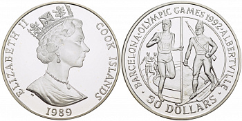 Острова Кука 50 долларов 1989 XXV летние Олимпийские игры 1992 года в Барселоне и XVI Зимние Олимпийские игры 1992 в Альбервиле KM 60 серебро PROOF 04-302-23