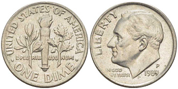 США 10 ЦЕНТОВ = 1 ДАЙМ 1989 Р, РУЗВЕЛЬТ KM 195а медь плакированная медно-никелем 211-1144