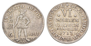Брауншвейг-Каленберг-Ганновер 6 мариенгрошей 1713 дикарь, Георг I (1698-1727), из коллекции Ричарда Б. Смита Welter 2182 серебро 00-821-31