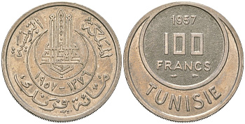 Тунис 100 франков 1957 АН1376 KM 276 медно-никель 4512-526