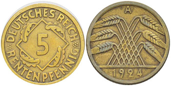 ГЕРМАНИЯ 5 РЕНТЕНПФЕННИГОВ 1924 A KM 43, J. 308, Weege 6 алюминиевая бронза 206-764