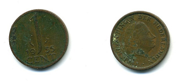 Нидерланды 1 цент 1955 Юлиана (1948-1980) КМ 180 бронза 35-1342