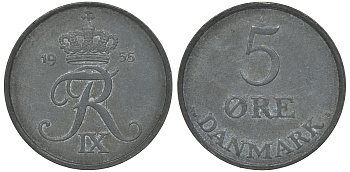 Дания 5 эре 1955 N; S, Фредерик IX (1947-1972) KM 843.1 цинк 4162-122