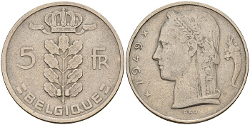 Бельгия 5 франков 1949 Леопольд III (1934-1950), Belgique KM 134.1 медно-никель    4187-221