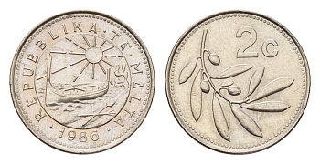 Мальта 2 цента 1986 год-тип, оливковая ветвь KM 79 медно-никель UNC 39-367