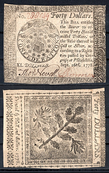США, Континентальный доллар (Continental Currency) 40 долларов 26 сентября 1778 г. № 288049. Эмблема лучей всевидящего ока, сияющего на 13 звездах, окружающих пламя, морковный лист Friedberg № СС-84. Pick S178 бумага 451-1026-3