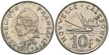 Французская Новая Каледония 10 франков 2014 рыбачья парусная лодка, (IEOM) KM 11a, Schoen 13a, Lec 99k медно-никель 67-824