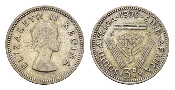 ЮАР 3 пенса 1956 Елизавета II (1952-2022) KM 47 серебро 4547-723