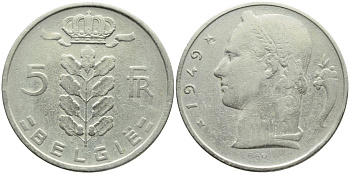 Бельгия 5 франков 1949 Belgie, Леопольд III (1934-1951) KM 135.1 медно-никель 3999-735