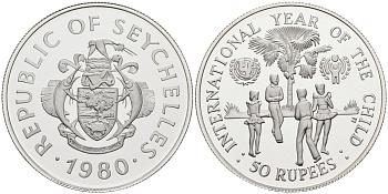 Сейшельские острова 50 рупий 1980 ООН, международный год защиты детей, тираж 10000 экз. KM 42 серебро PROOF 1078-3-53
