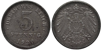 ГЕРМАНИЯ 5 ПФЕННИГОВ 1920 J KM 19, Jager 297, Weege 5 железо 4547-625