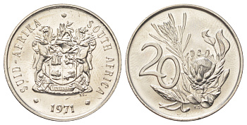 ЮАР 20 центов 1971 KM 86 никель PROOF 4620-546