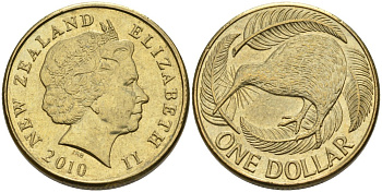 Новая Зеландия 1 доллар 2010 Елизавета II (1952-2022), птица киви  KM 120 алюминиевая бронза 60-211