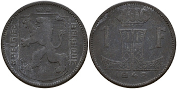 Бельгия 1 франк 1942 Belgique - Belgie, Леопольд III (1934-1947), германская оккупация, Вторая мировая война KM 127 цинк 4161-436
