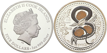 Острова Кука 5 долларов 2013 год змеи, цветная эмаль KM NEW серебро PROOF 1080-4-34