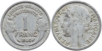 ФРАНЦИЯ 1 ФРАНК 1946 В KM 885а.2 алюминий 4397-653